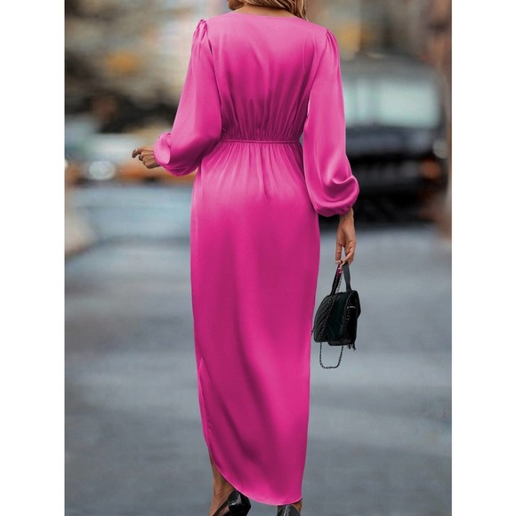 long sleeve  Lantern Sleeve Twist Front Wrap Hem Satin midi Dress maroon - Picture 6 of 11